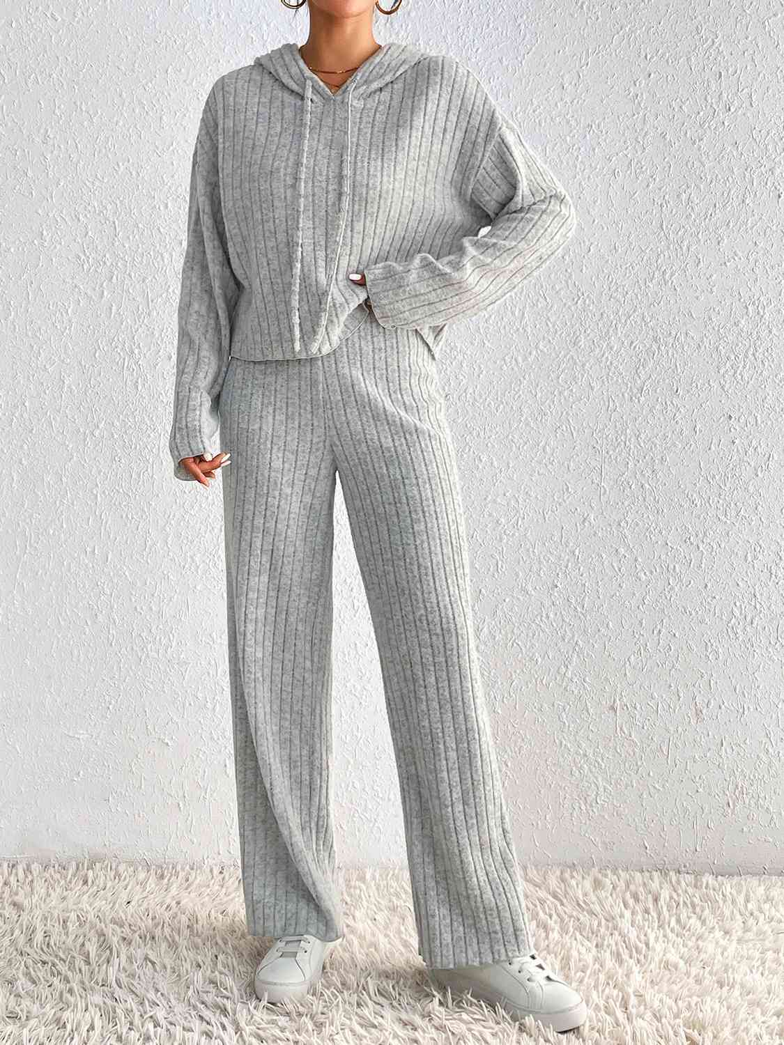 Drawstring Ribbed Hoodie and Straight Leg Pants Set Outfit Sets Krazy Heart Designs Boutique