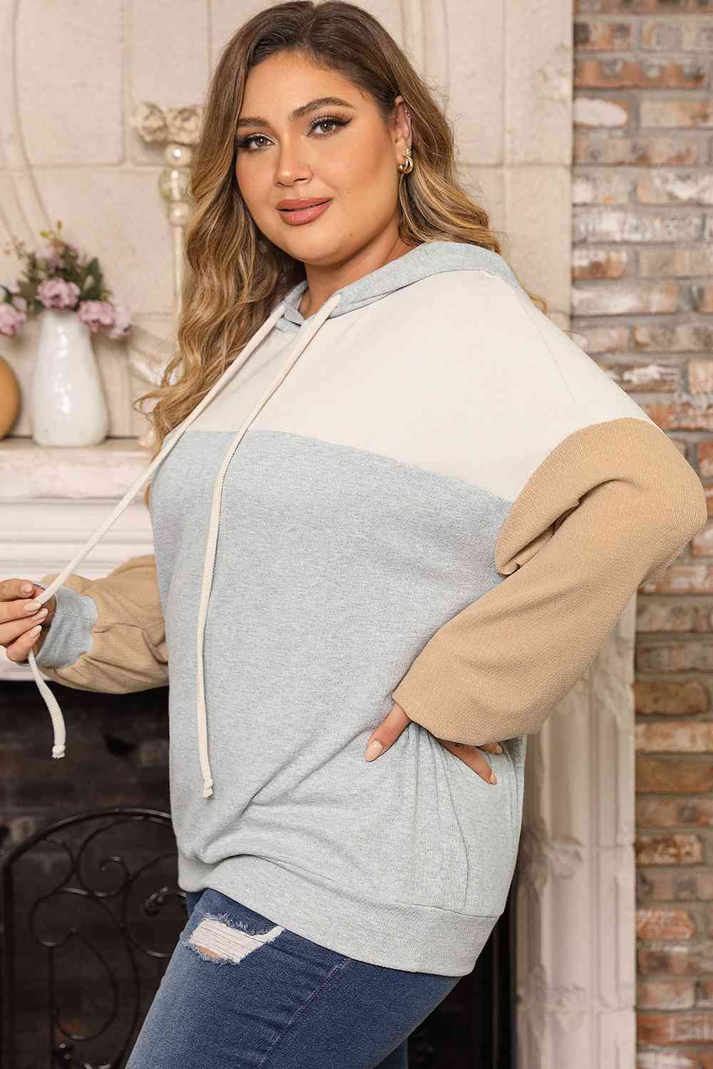 Plus Size Color Block Drawstring Long Sleeve Hoodie Shirts & Tops Krazy Heart Designs Boutique