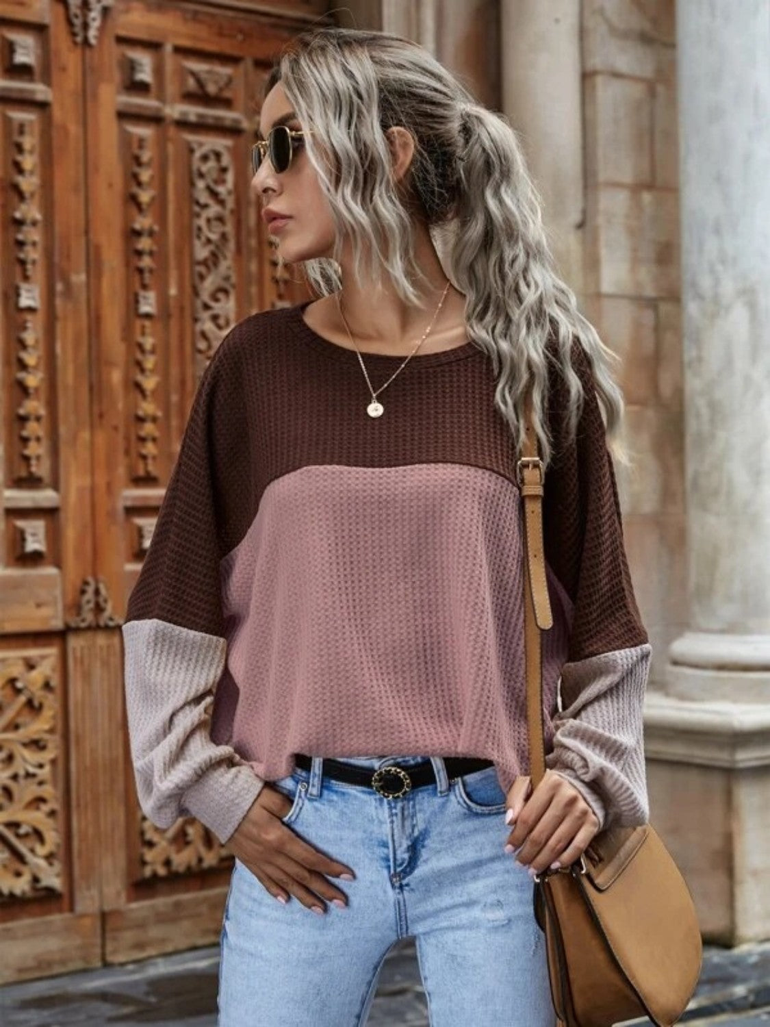 KHD Color Block Waffle-Knit Long Sleeve Top (3 Colors) Krazy Heart Designs Boutique Light Mauve S
