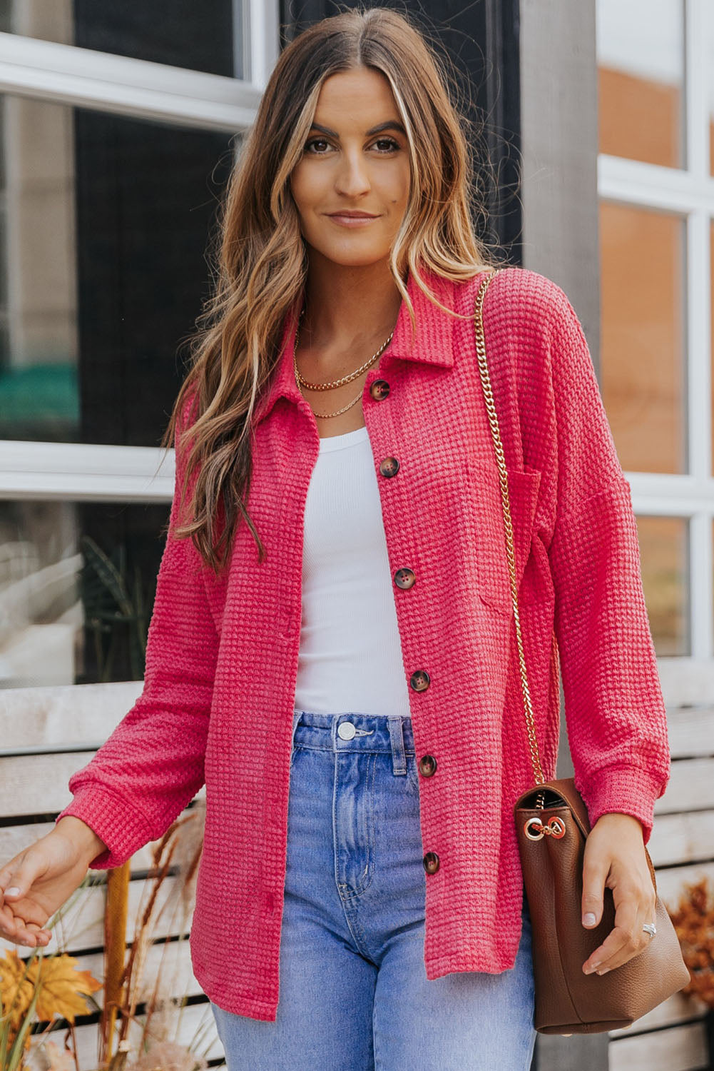 Waffle-Knit Collared Neck Dropped Shoulder Shirt (3 Colors) Krazy Heart Designs Boutique Strawberry S