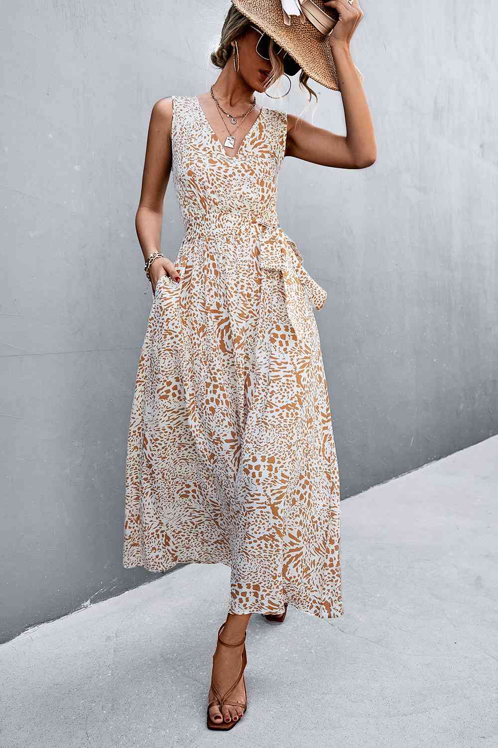 Printed V-Neck Tie Waist Maxi Dress (3 Colors) Krazy Heart Designs Boutique Sand S