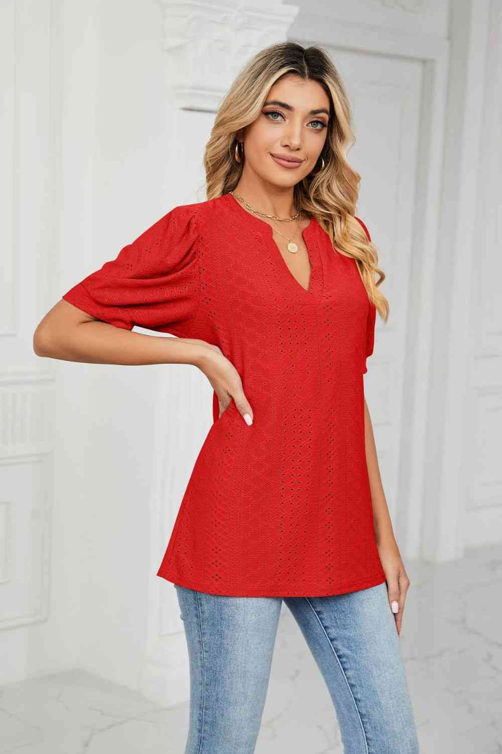 Eyelet Short Puff Sleeve Notched Neck Top (12 Colors) Krazy Heart Designs Boutique