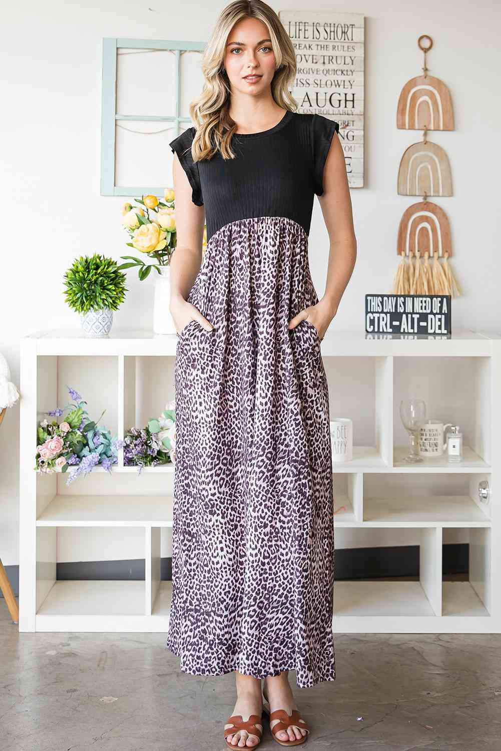 Leopard Print Round Neck Maxi Dress with Pockets Krazy Heart Designs Boutique Black S