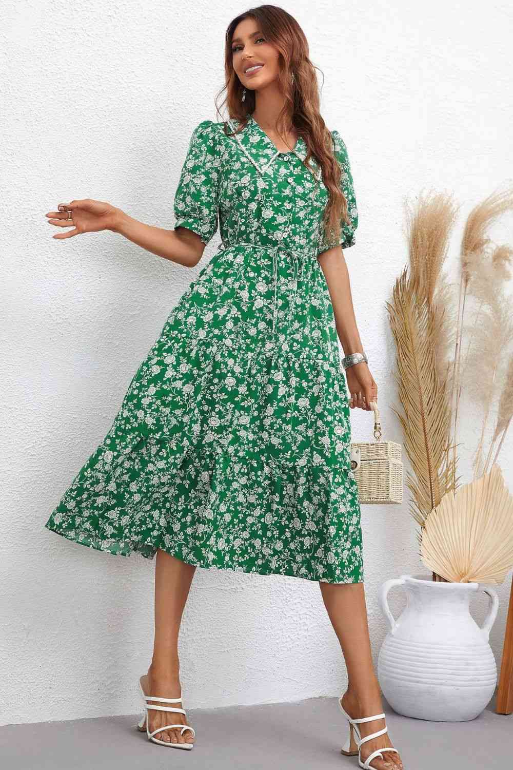 Floral Tie Waist Puff Sleeve Midi Dress (2 Colors) Krazy Heart Designs Boutique