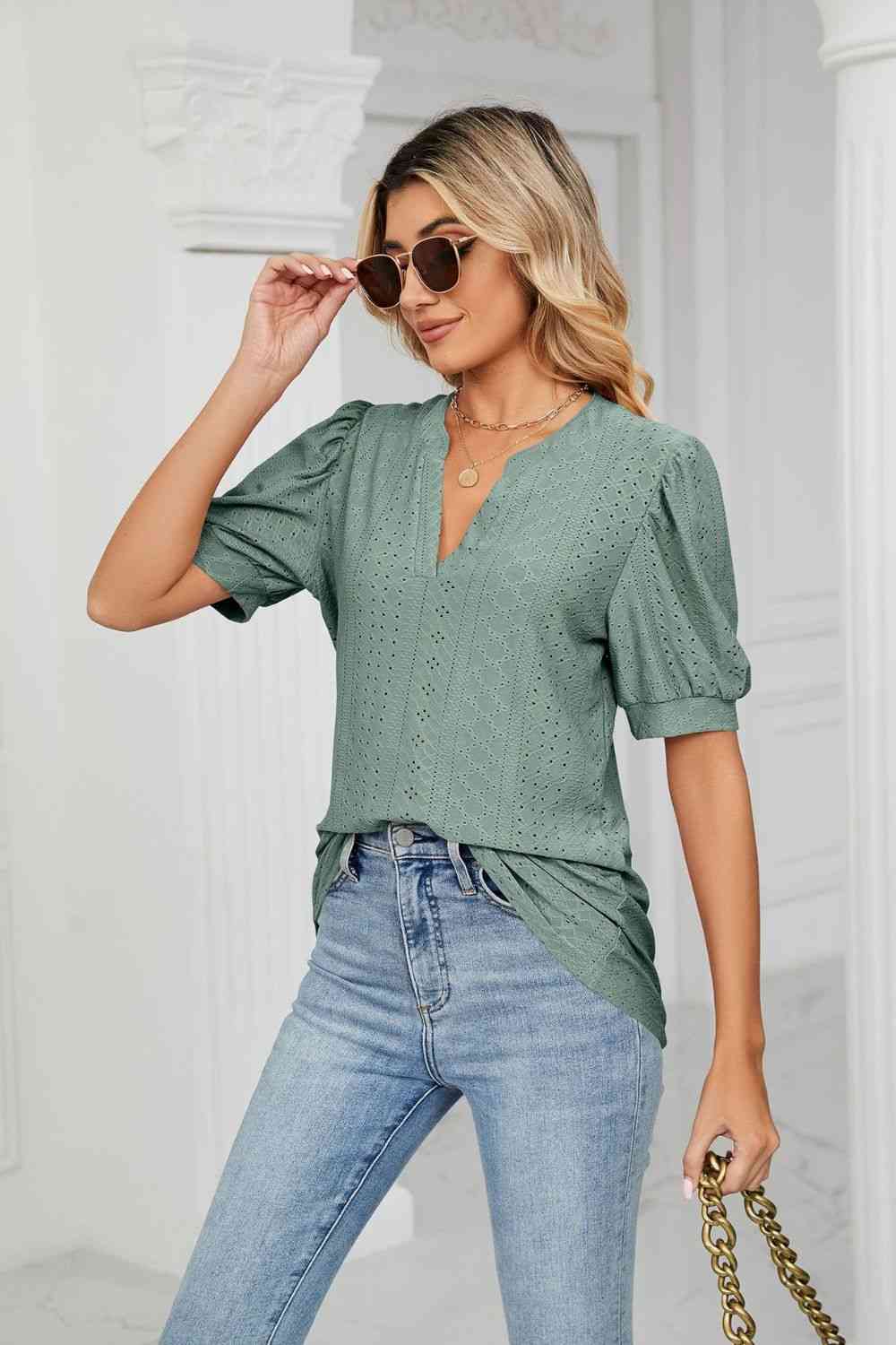 Eyelet Short Puff Sleeve Notched Neck Top (12 Colors) Krazy Heart Designs Boutique