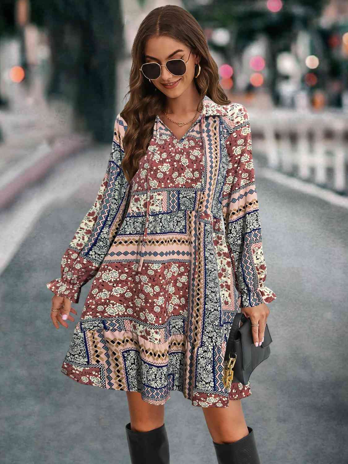 Patchwork Tie Front Flounce Sleeve Dress Krazy Heart Designs Boutique