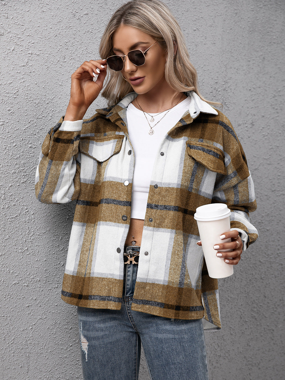Plaid Long Sleeve Shirt Jacket (4 Colors) Krazy Heart Designs Boutique Camel S