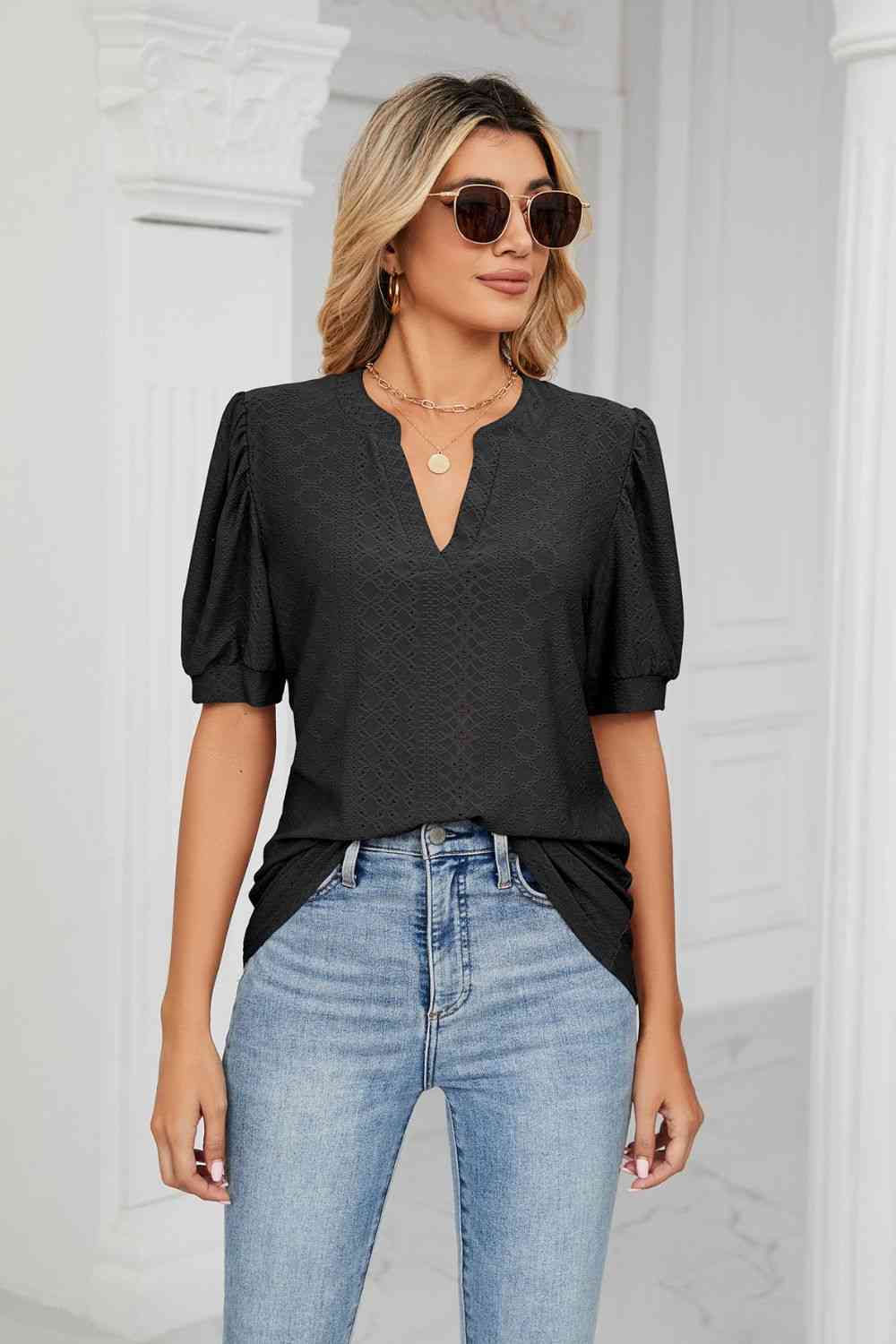 Eyelet Short Puff Sleeve Notched Neck Top (12 Colors) Krazy Heart Designs Boutique Black S