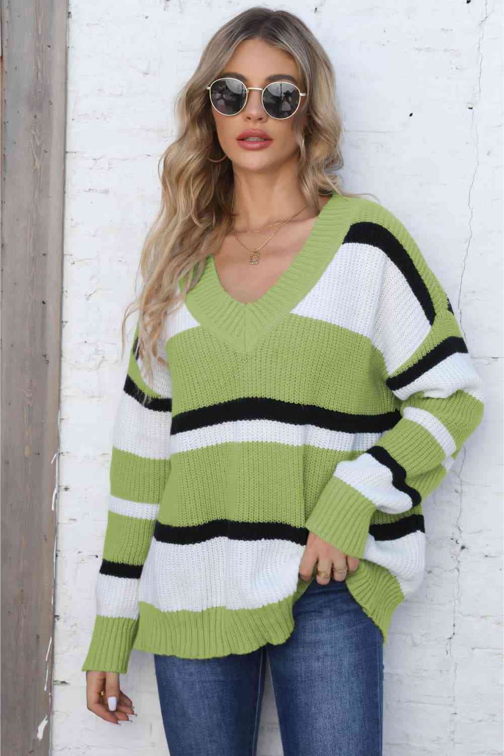 Color Block V-Neck Dropped Shoulder Sweater (7 Colors) Shirts & Tops Krazy Heart Designs Boutique Lime One Size