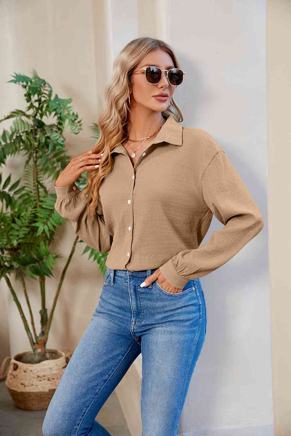 Collared Neck Buttoned Long Sleeve Shirt (4 Colors) Shirts & Tops Krazy Heart Designs Boutique