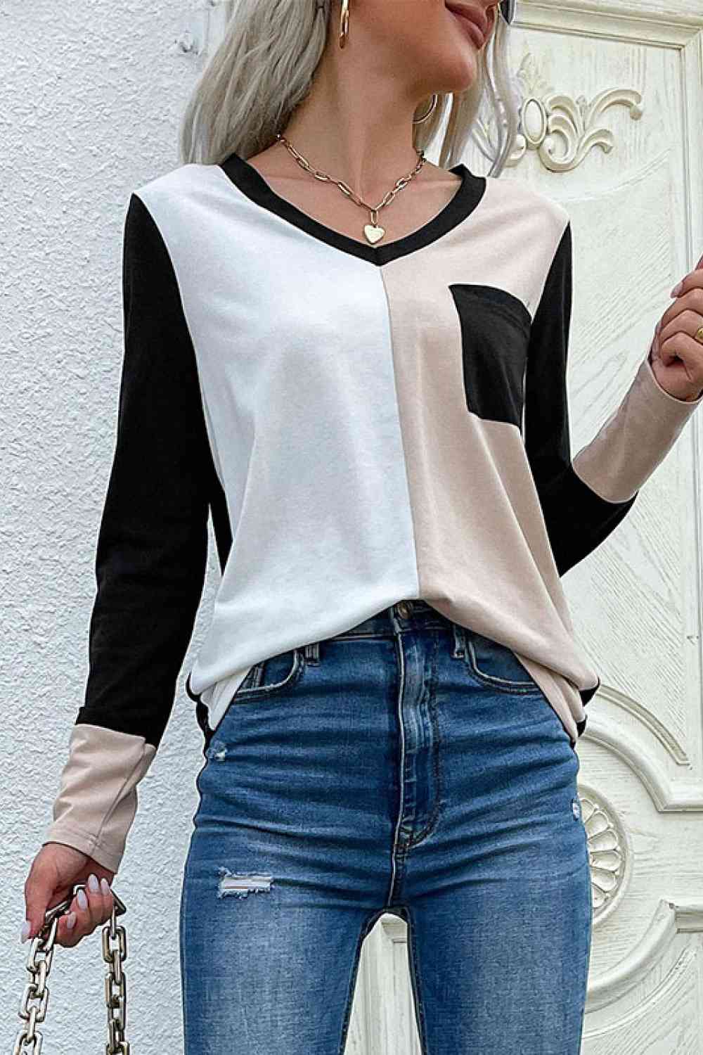 Spliced Long Sleeve Tee with Pocket Krazy Heart Designs Boutique Black/White S