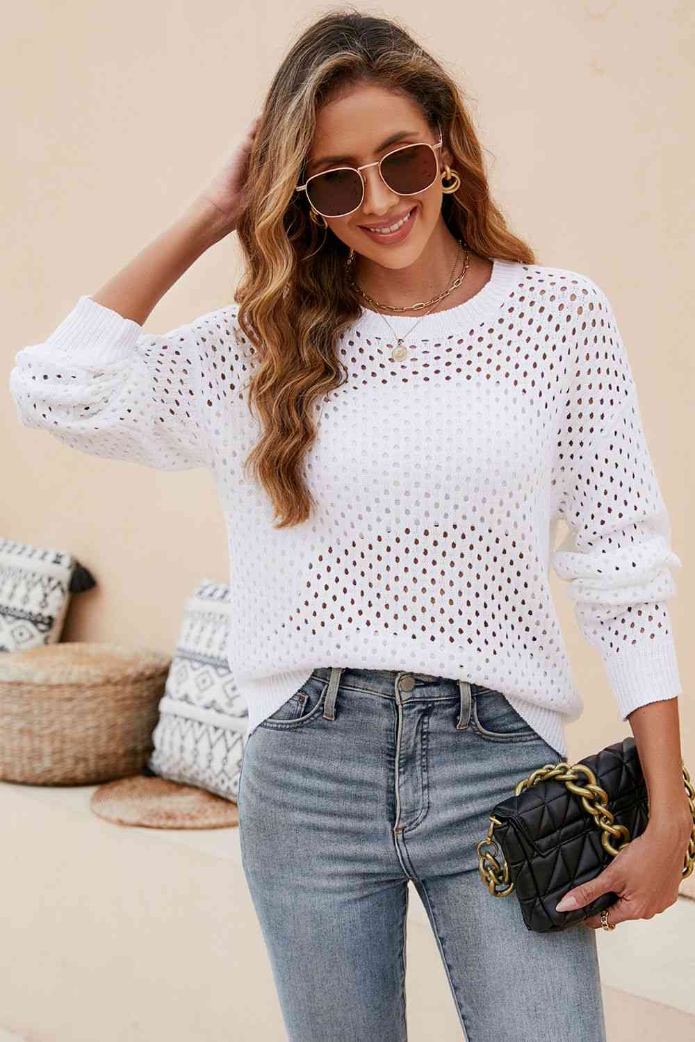 Round Neck Openwork Dropped Shoulder Knit Top Krazy Heart Designs Boutique
