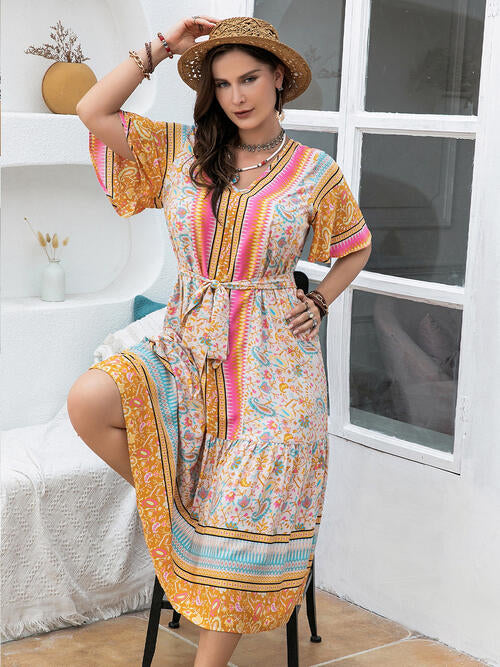 Plus Size Floral Tied Short Sleeve Midi Dress Krazy Heart Designs Boutique