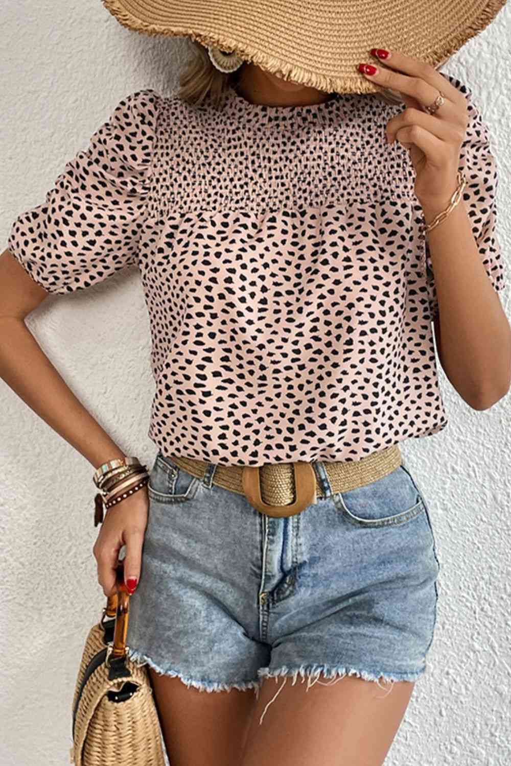 Printed Smocked Puff Sleeve Blouse Krazy Heart Designs Boutique Light Apricot S