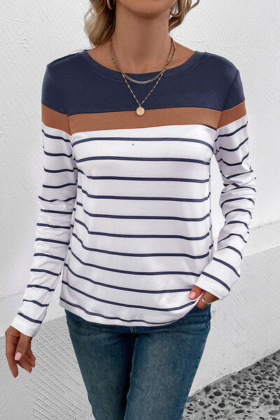 Striped Round Neck Long Sleeve Top (4 Colors) Shirts & Tops Krazy Heart Designs Boutique