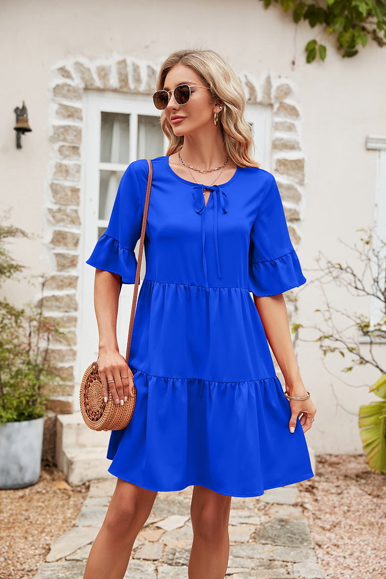 Ruffle Trim Tie Neck Flounce Sleeve Tiered Dress (3 Colors) Krazy Heart Designs Boutique Cobalt Blue S
