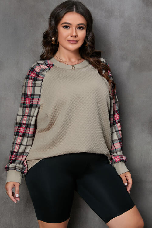 Plus Size Plaid Round Neck Long Sleeve Sweatshirt Shirts & Tops Krazy Heart Designs Boutique Khaki 1XL