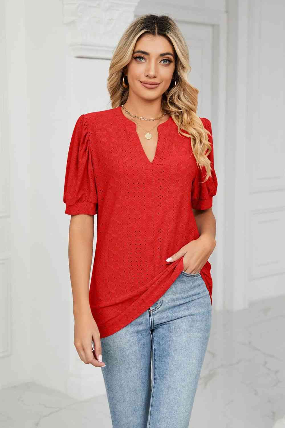 Eyelet Short Puff Sleeve Notched Neck Top (12 Colors) Krazy Heart Designs Boutique Scarlett S