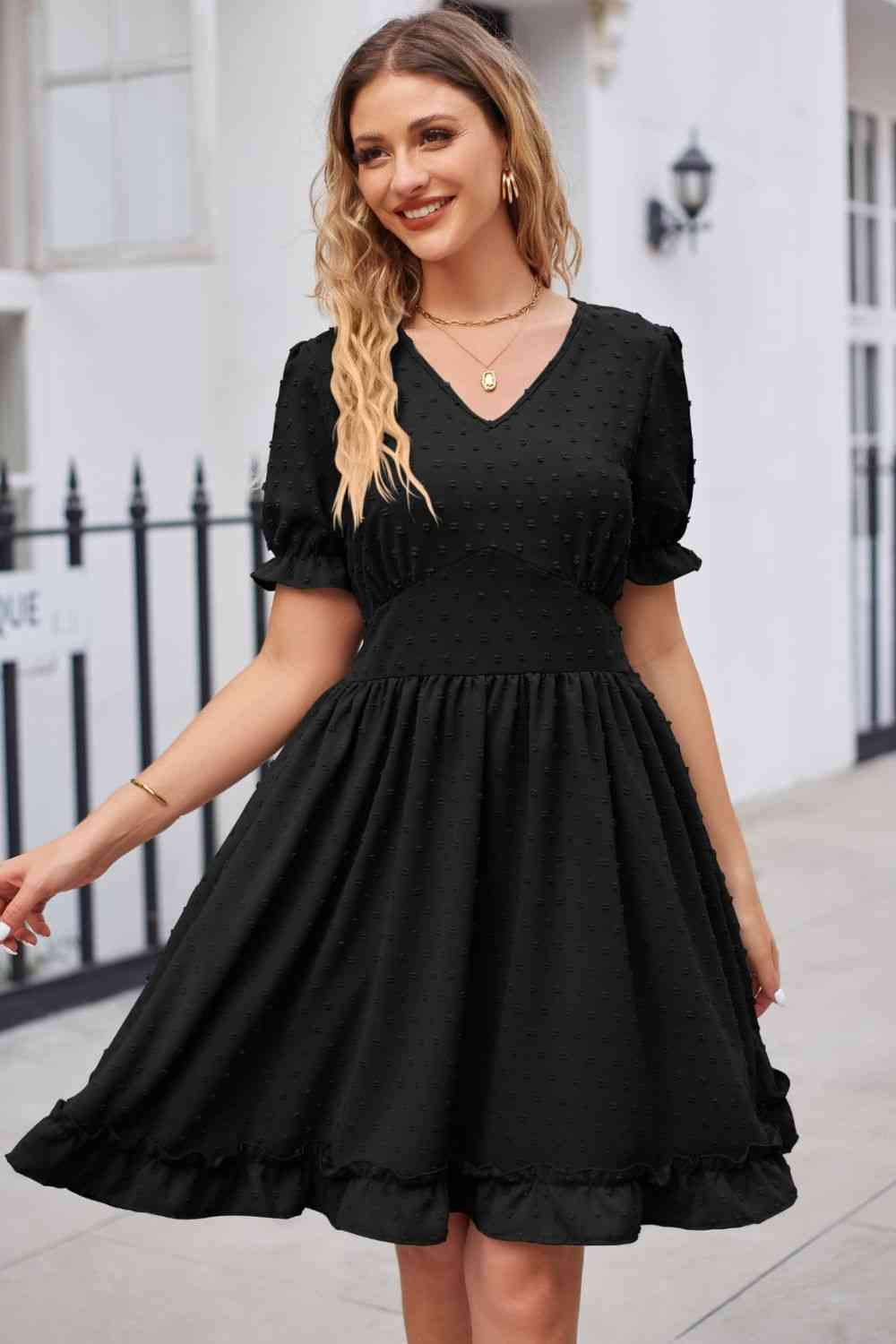 Swiss Dot Frill Trim Flounce Sleeve V-Neck Dress (5 Colors) Krazy Heart Designs Boutique