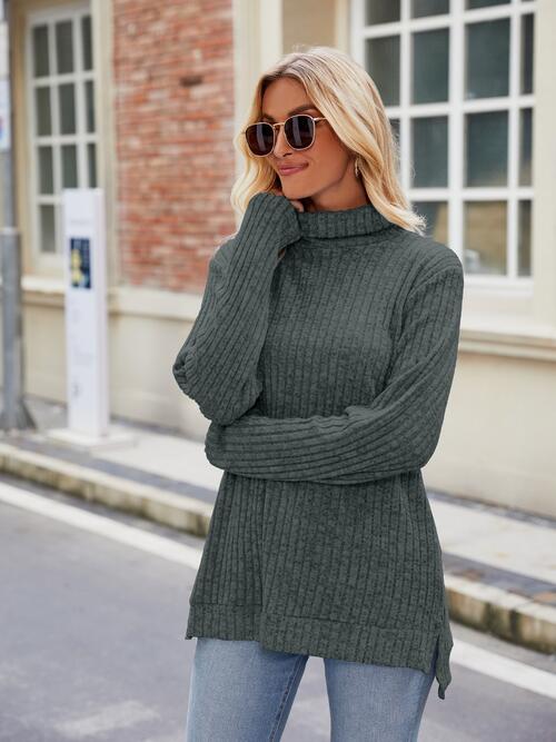 Ribbed Turtleneck Long Sleeve Slit Knit Top (8 Colors) Shirts & Tops Krazy Heart Designs Boutique Army Green S