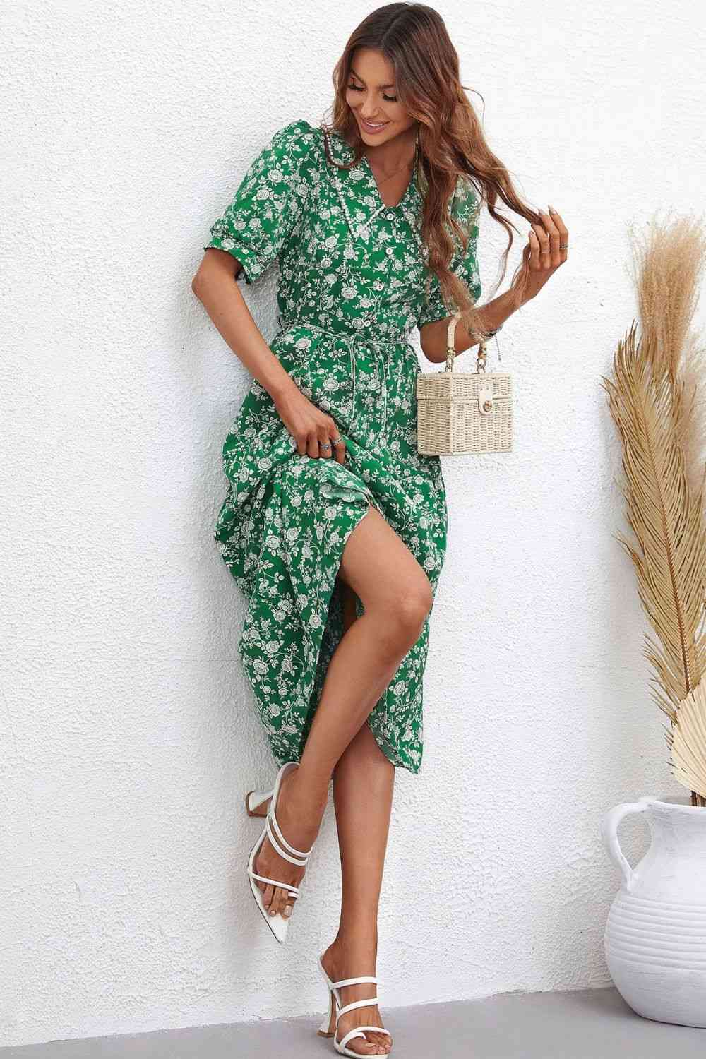 Floral Tie Waist Puff Sleeve Midi Dress (2 Colors) Krazy Heart Designs Boutique
