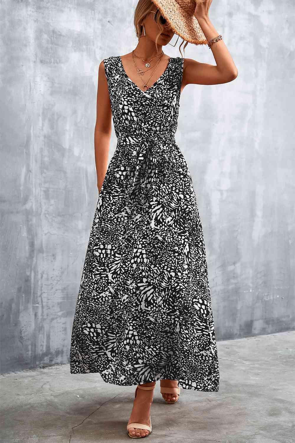 Printed V-Neck Tie Waist Maxi Dress (3 Colors) Krazy Heart Designs Boutique