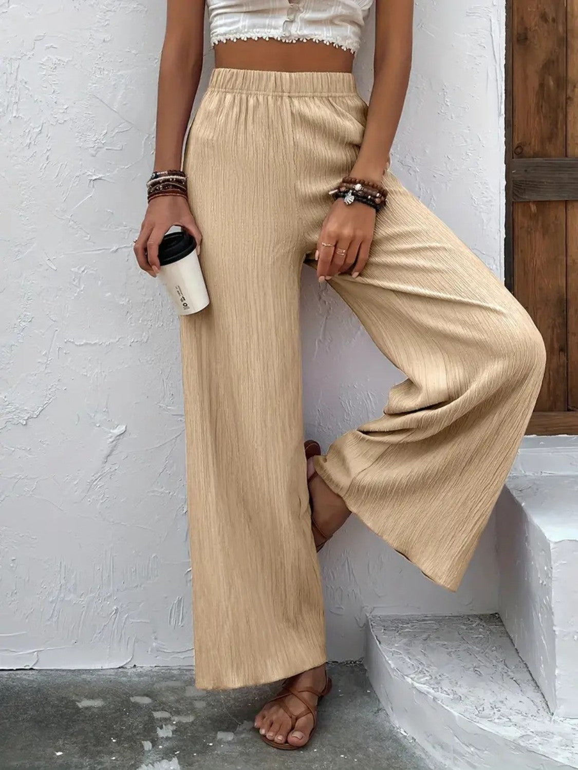 Full Size High Waist Wide Leg Pants Krazy Heart Designs Boutique Tan S