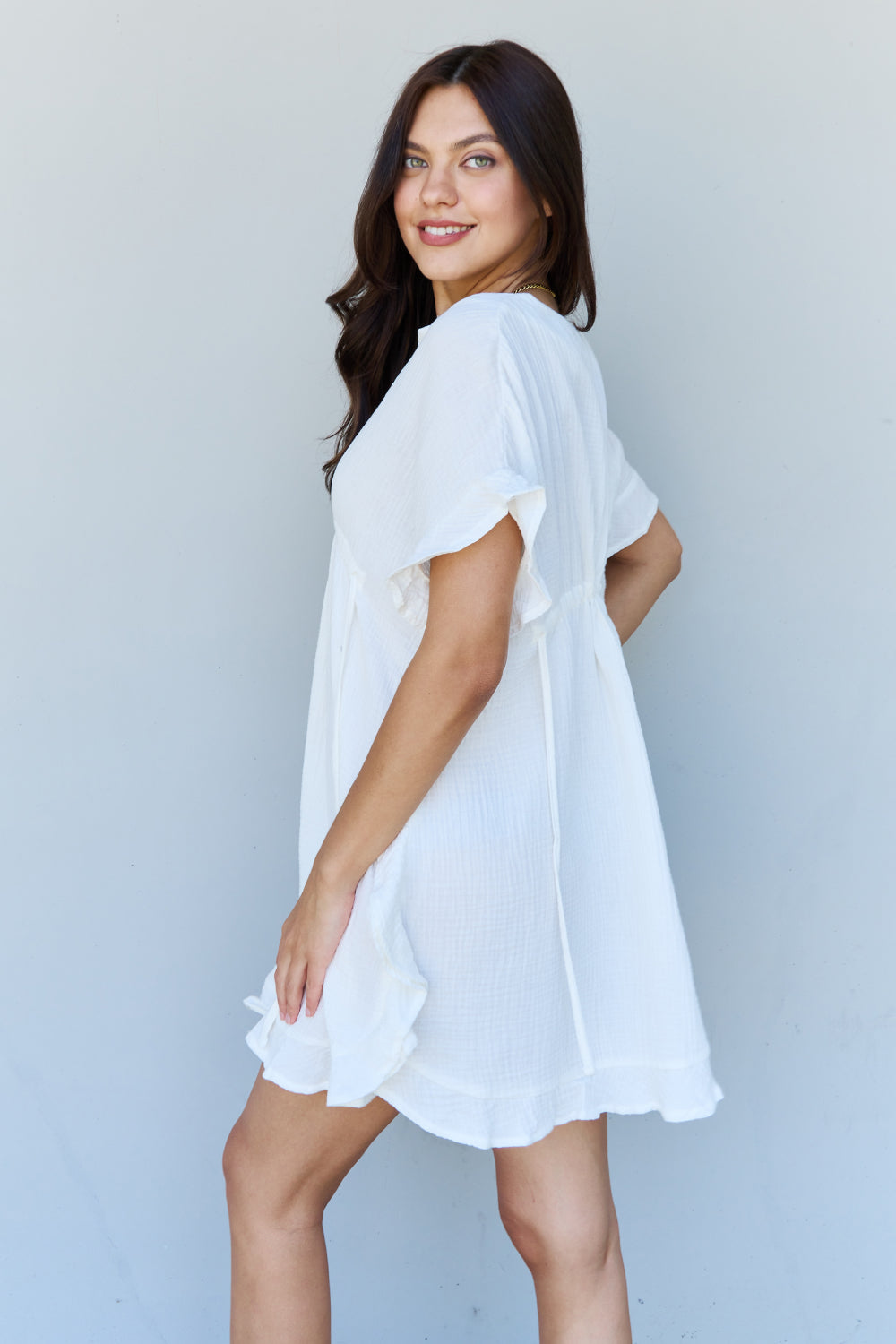 Ninexis Out Of Time Full Size Ruffle Hem Dress with Drawstring Waistband in White Krazy Heart Designs Boutique