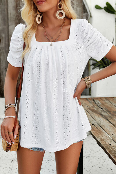 Eyelet Square Neck Puff Sleeve Top (6 Colors) Shirts & Tops Krazy Heart Designs Boutique