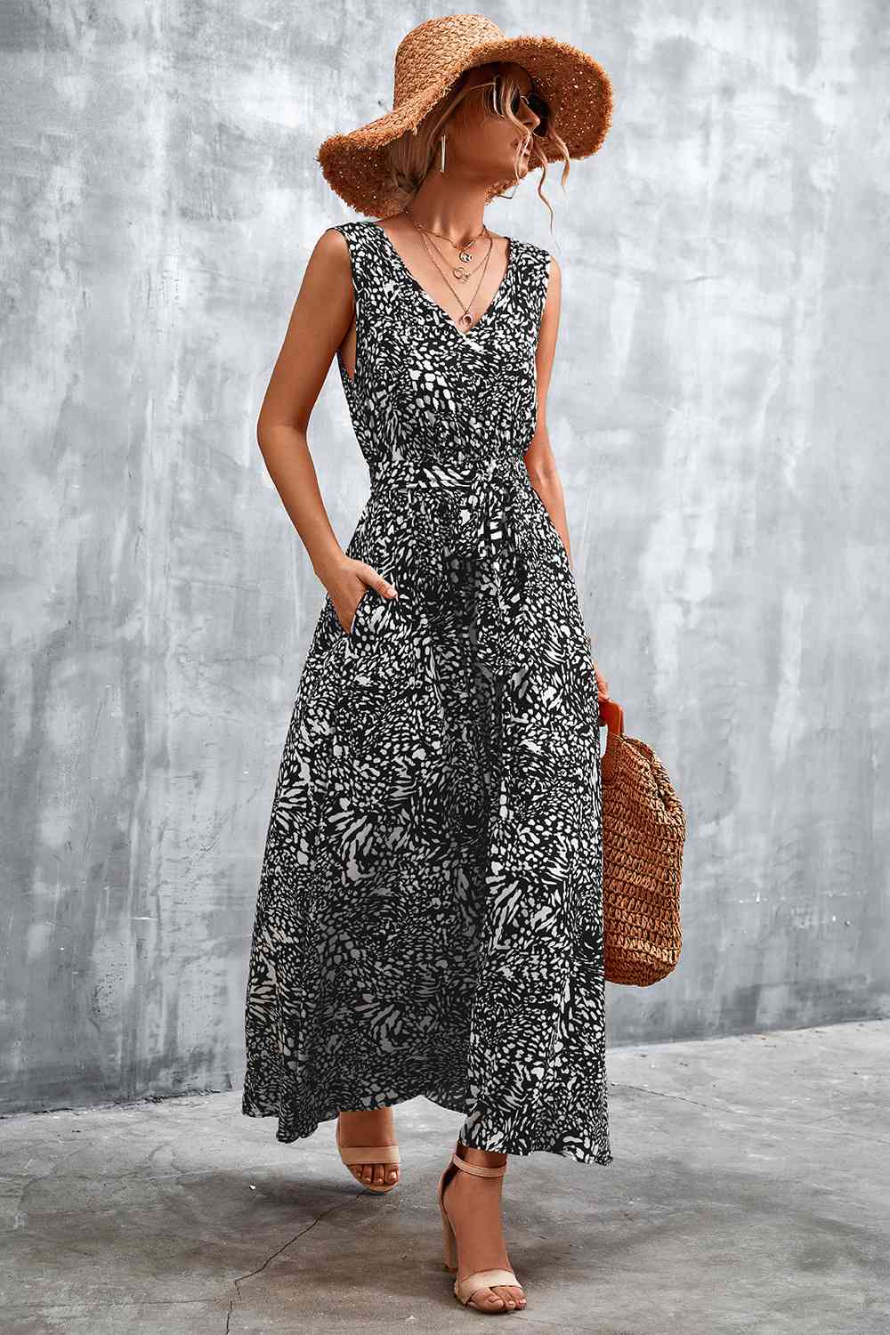 Printed V-Neck Tie Waist Maxi Dress (3 Colors) Krazy Heart Designs Boutique Black S