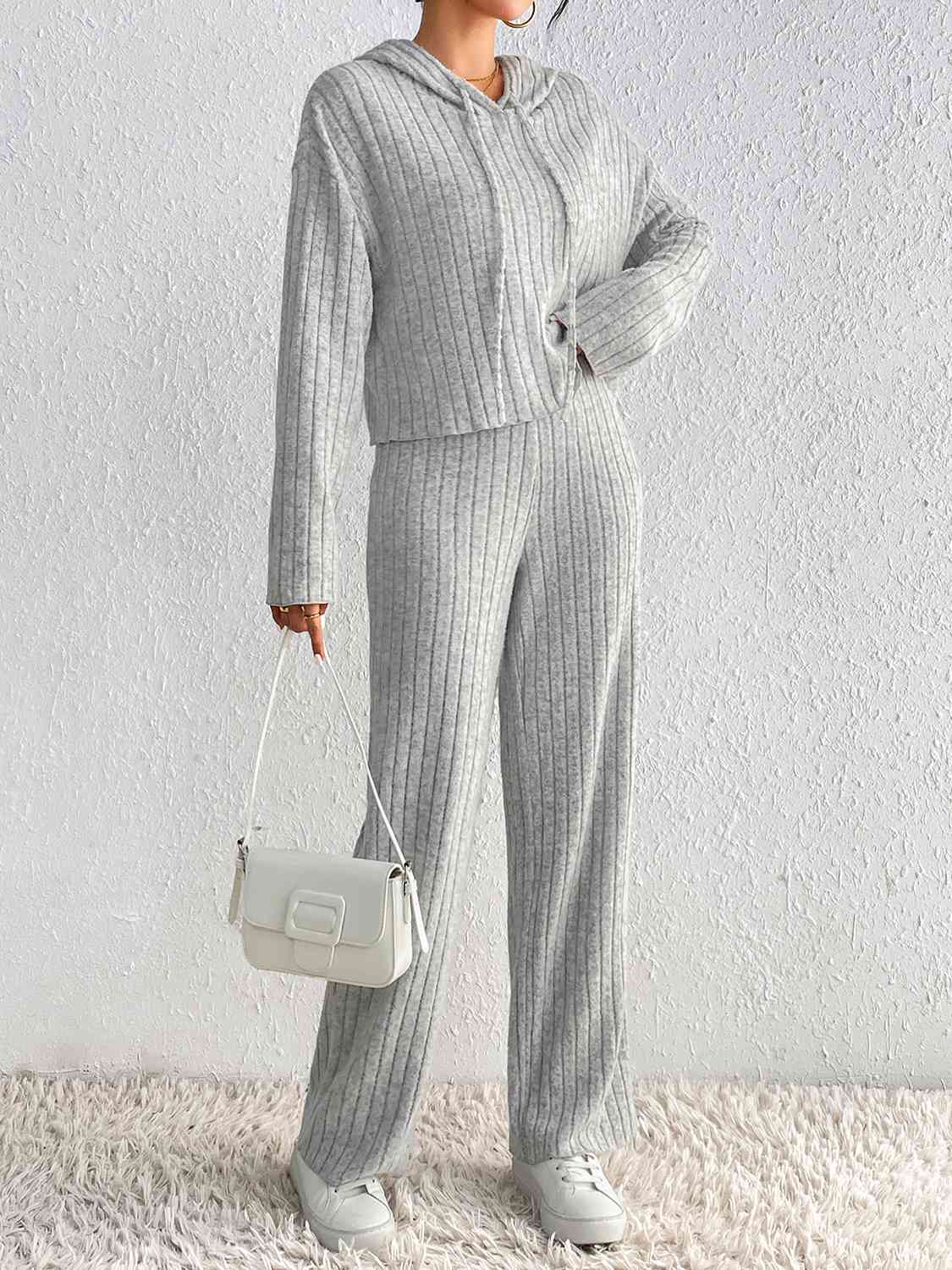 Drawstring Ribbed Hoodie and Straight Leg Pants Set Outfit Sets Krazy Heart Designs Boutique