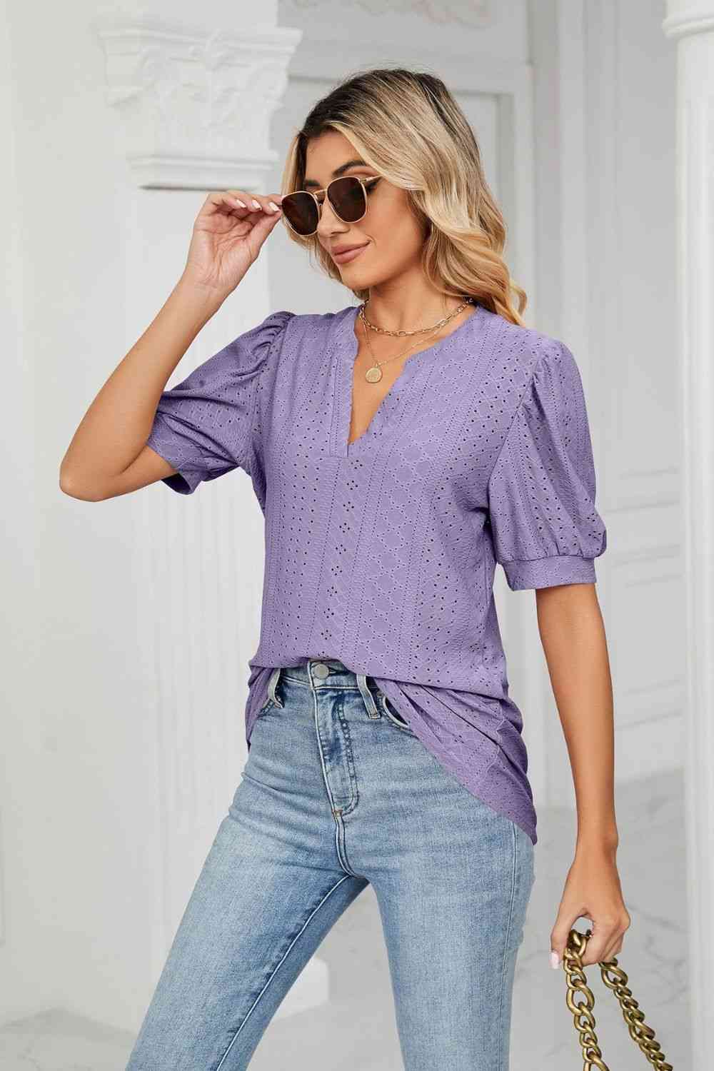 Eyelet Short Puff Sleeve Notched Neck Top (12 Colors) Krazy Heart Designs Boutique