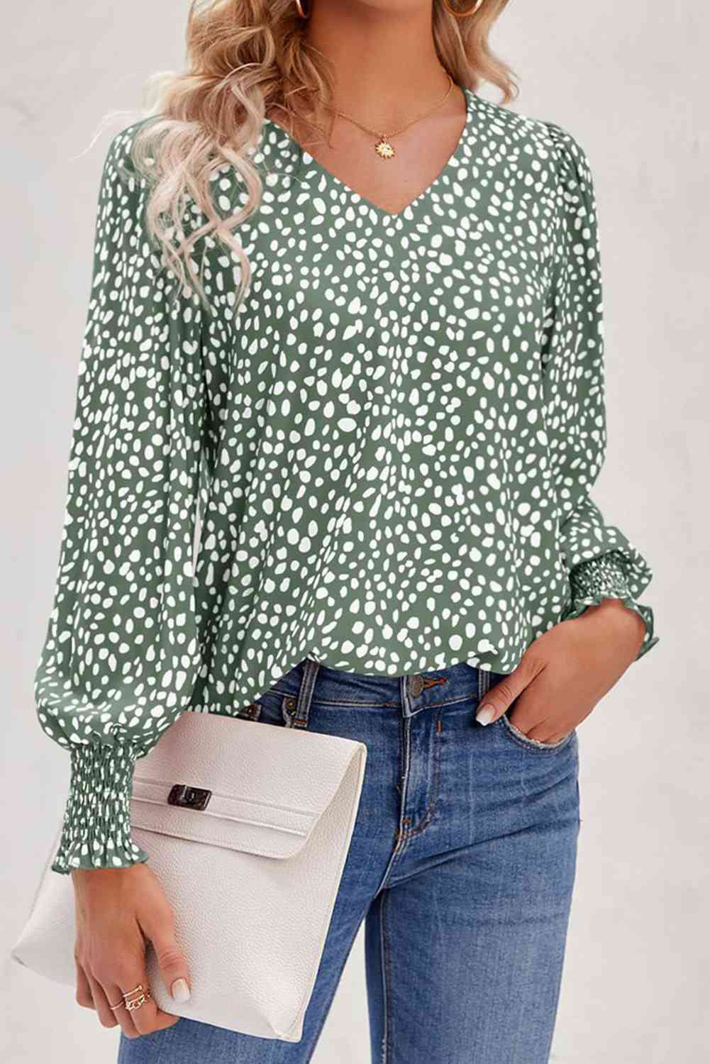 Printed V-Neck Smocked Lantern Sleeve Blouse Shirts & Tops Krazy Heart Designs Boutique