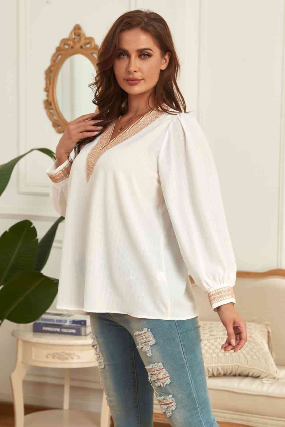 Melo Apparel Plus Size V-Neck Puff Sleeve Blouse Shirts & Tops Krazy Heart Designs Boutique