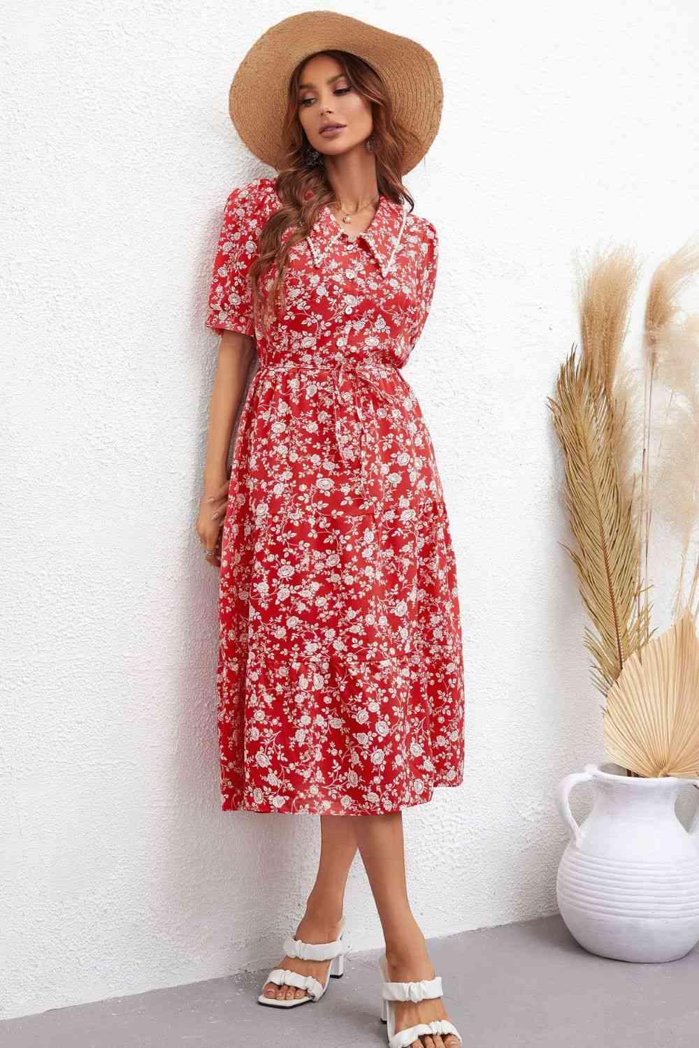 Floral Tie Waist Puff Sleeve Midi Dress (2 Colors) Krazy Heart Designs Boutique