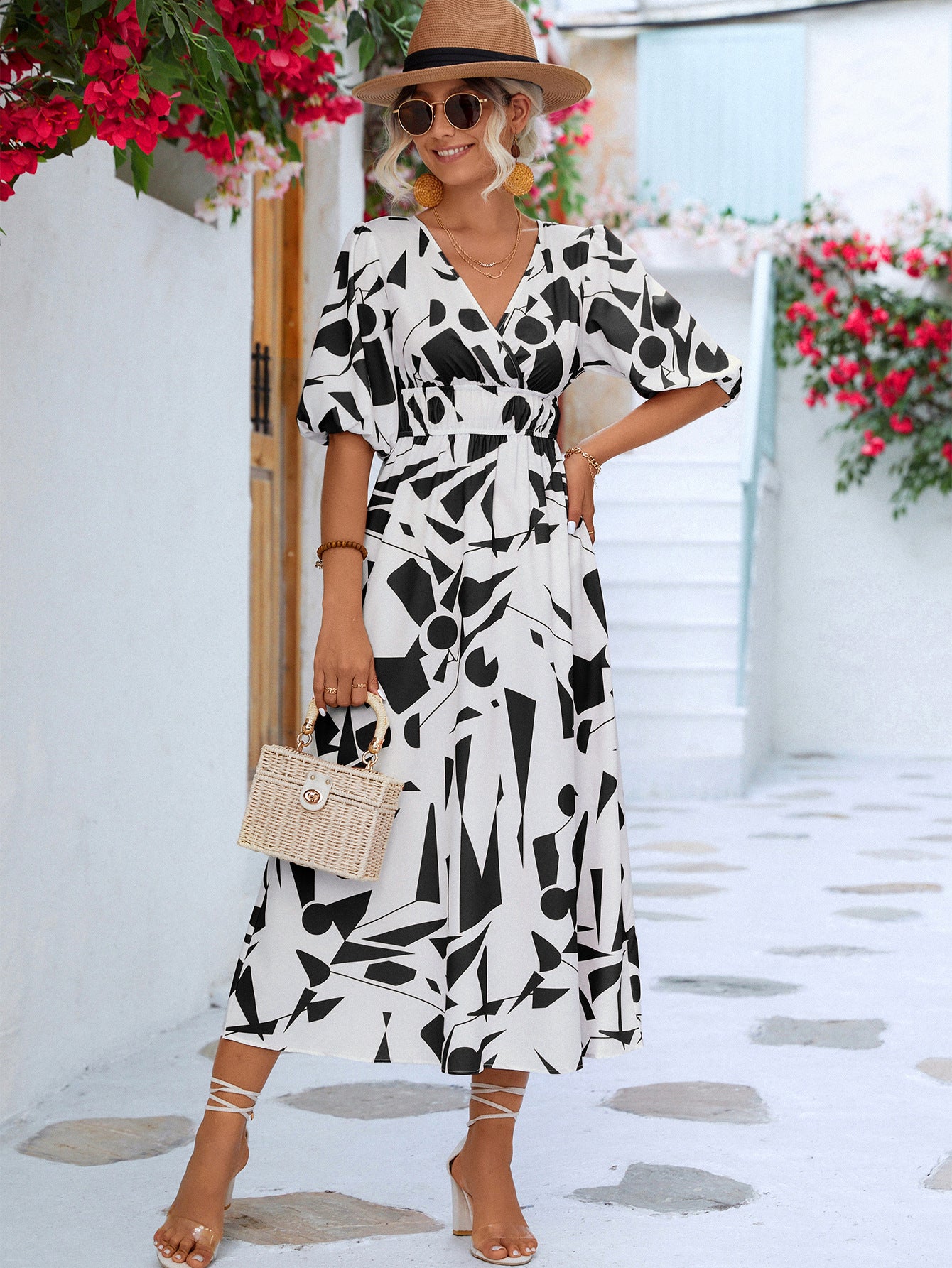 Geo Printed Surplice Balloon Sleeve Dress (3 Colors) Krazy Heart Designs Boutique White/Black S