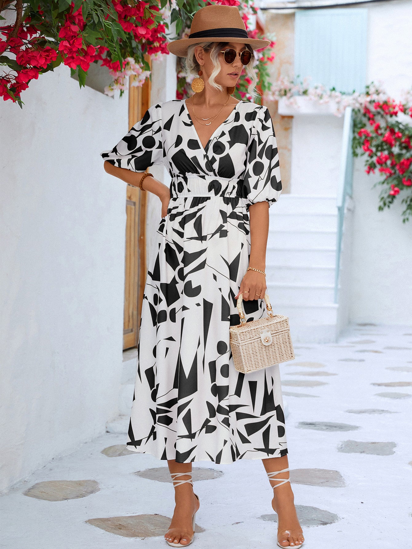 Geo Printed Surplice Balloon Sleeve Dress (3 Colors) Krazy Heart Designs Boutique