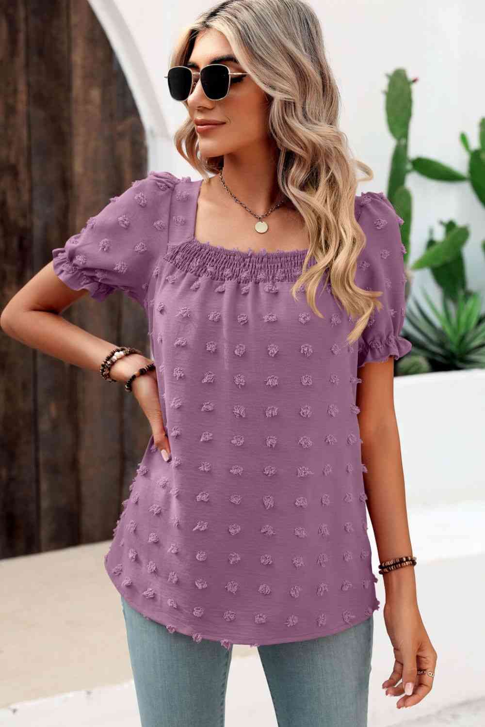 Swiss Dot Puff Sleeve Square Neck Blouse (6 Colors) Krazy Heart Designs Boutique