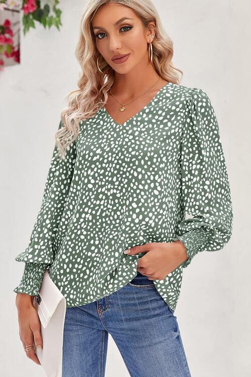 Printed V-Neck Smocked Lantern Sleeve Blouse Shirts & Tops Krazy Heart Designs Boutique Sage S