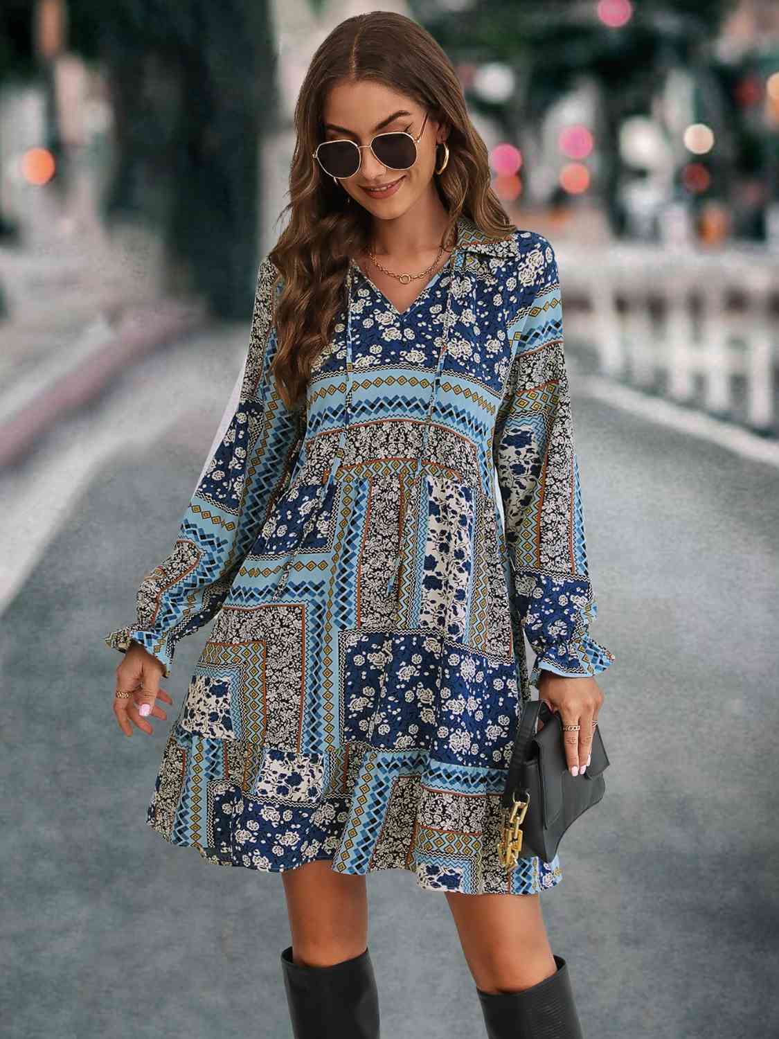 Patchwork Tie Front Flounce Sleeve Dress Krazy Heart Designs Boutique