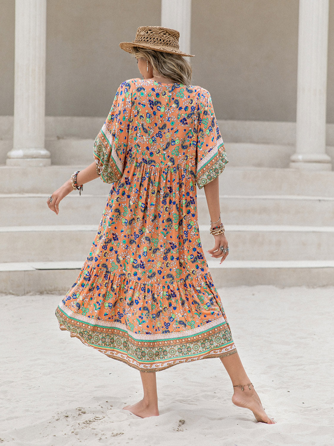 Bohemian Floral Printed V-Neck Short Sleeve Maxi Dress Krazy Heart Designs Boutique