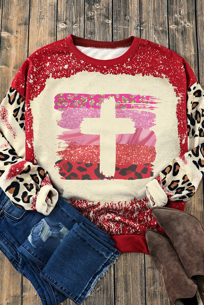 Leopard Print Round Neck Dropped Shoulder Sweatshirt Shirts & Tops Krazy Heart Designs Boutique