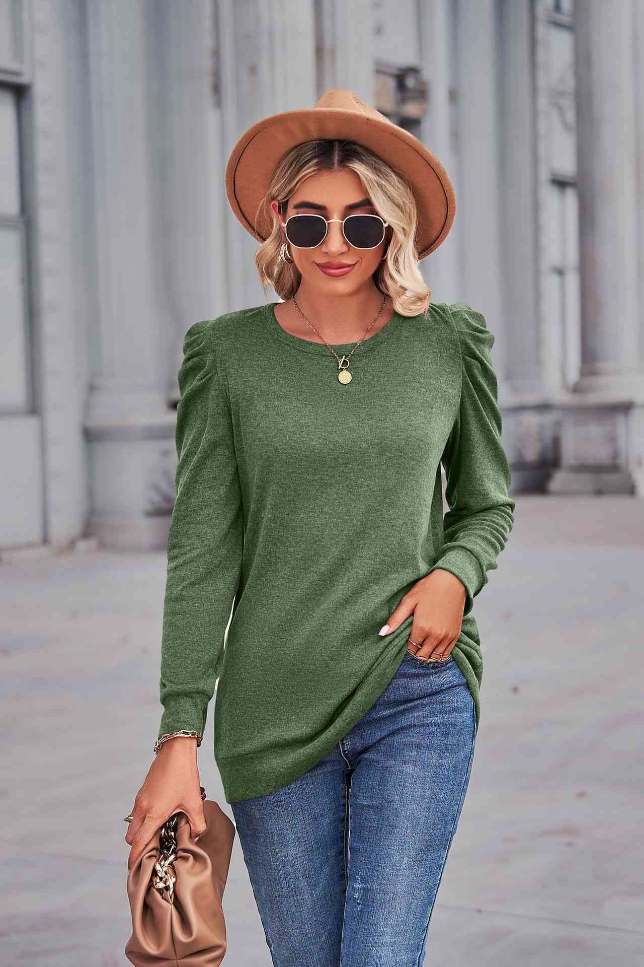 Heathered Puff Sleeve Round Neck Tunic Top (6 Colors) Krazy Heart Designs Boutique
