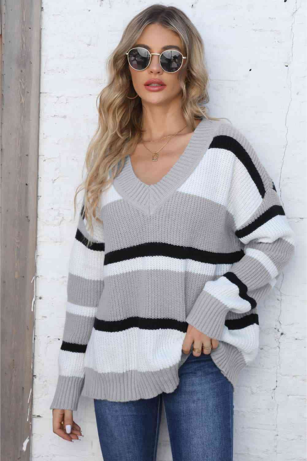 Color Block V-Neck Dropped Shoulder Sweater (7 Colors) Shirts & Tops Krazy Heart Designs Boutique Light Gray One Size