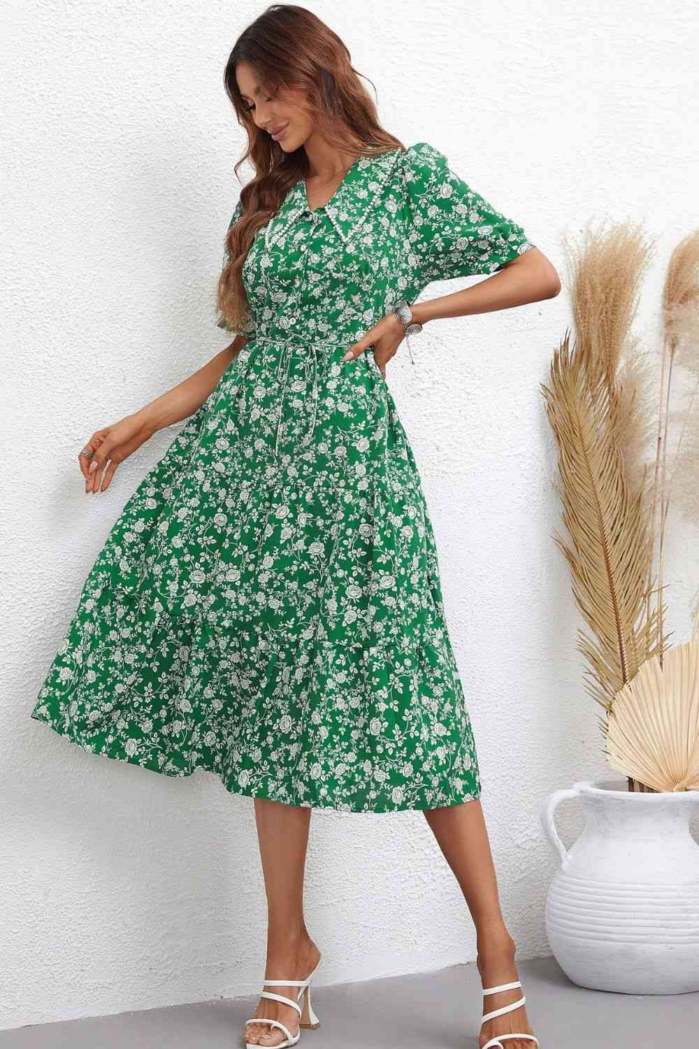 Floral Tie Waist Puff Sleeve Midi Dress (2 Colors) Krazy Heart Designs Boutique Mid Green S