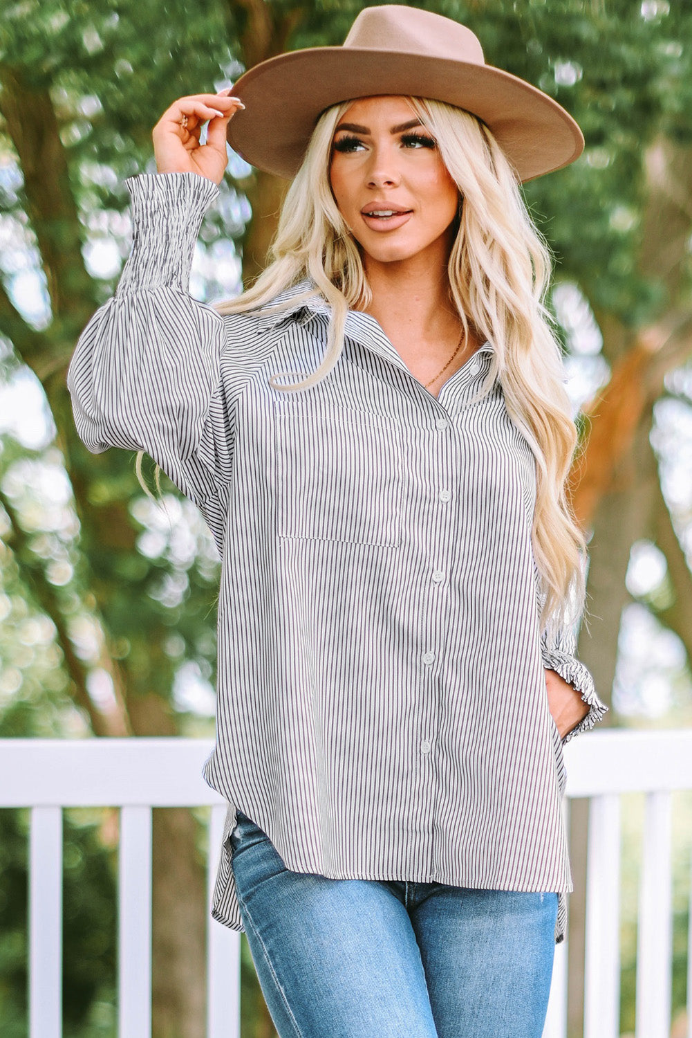 Striped Lantern Sleeve Collared Shirt (3 Colors) Krazy Heart Designs Boutique