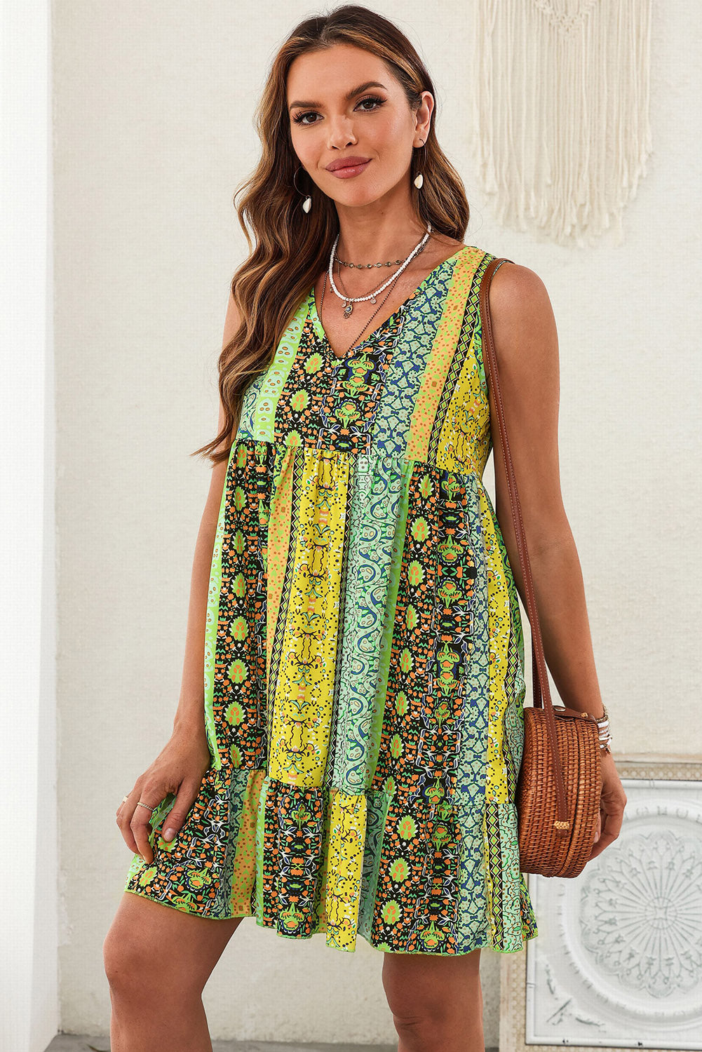 Bohemian Printed V-Neck Mini Dress Dress Krazy Heart Designs Boutique