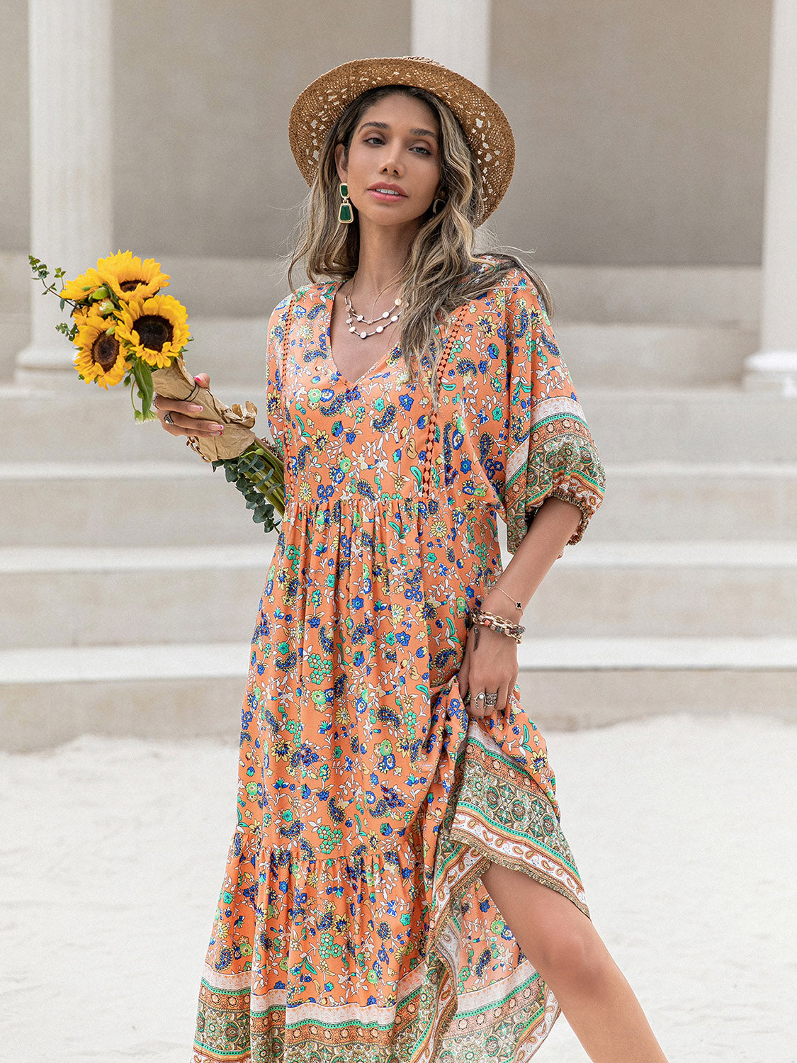 Bohemian Floral Printed V-Neck Short Sleeve Maxi Dress Krazy Heart Designs Boutique