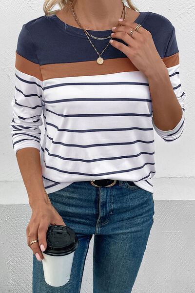 Striped Round Neck Long Sleeve Top (4 Colors) Shirts & Tops Krazy Heart Designs Boutique