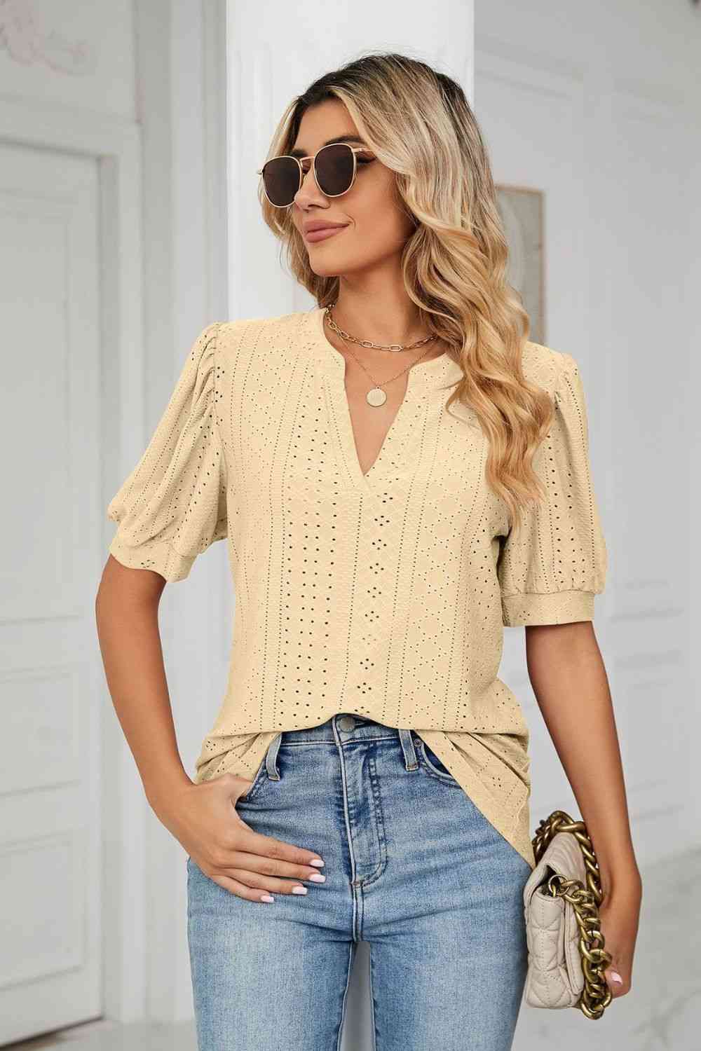 Eyelet Short Puff Sleeve Notched Neck Top (12 Colors) Krazy Heart Designs Boutique Yellow S